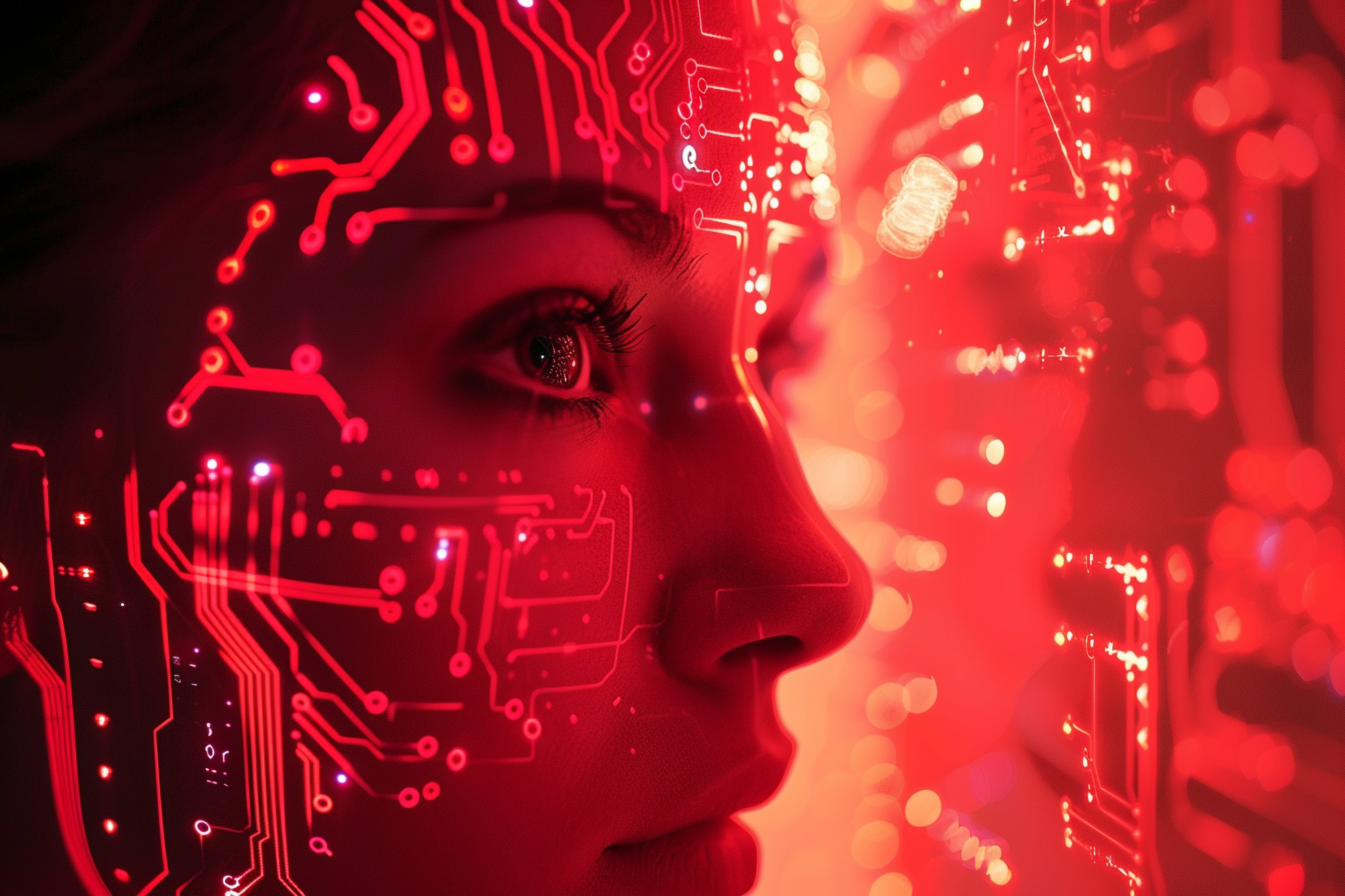 Retrato con iluminación roja que representa inteligencia artificial